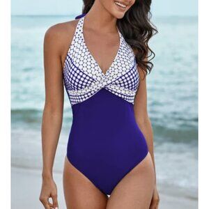 POLKA DOT Swimsuit One Piece Blue White Women Size Small Color Block New Halter